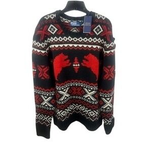 Polo Ralph Lauren 100% Wool Sweater Polar Bear Fair Isle Heavy Black Red Size XL